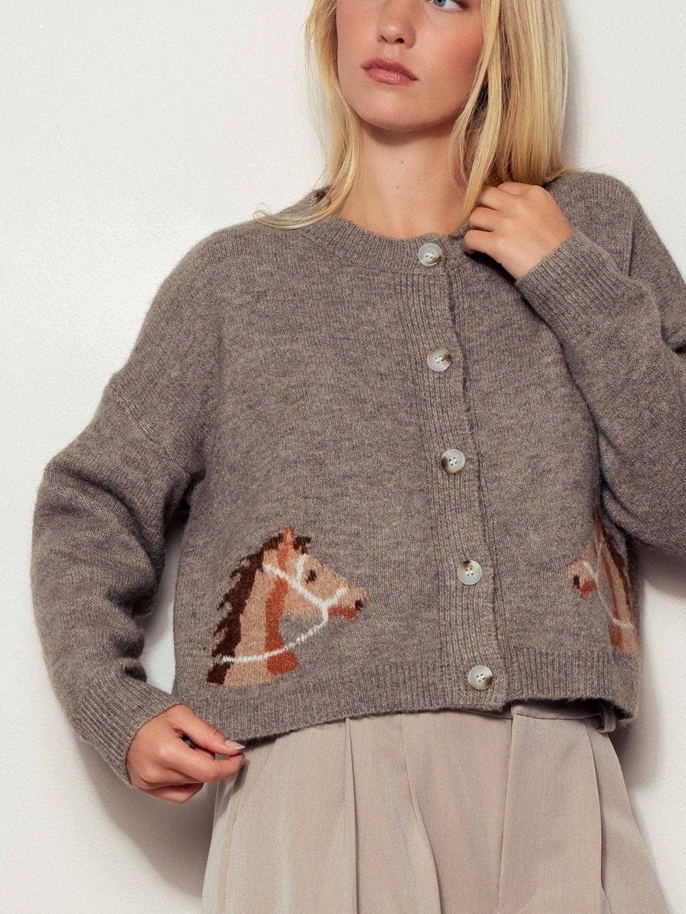 Taupe Horse-Intarsia Button Cardigan Sweater